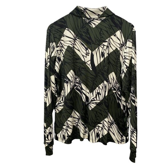 CARRE NOIR Stretch Top XL Womens Button Up Olive Green Print Long Sleeve NWT - Picture 3 of 11
